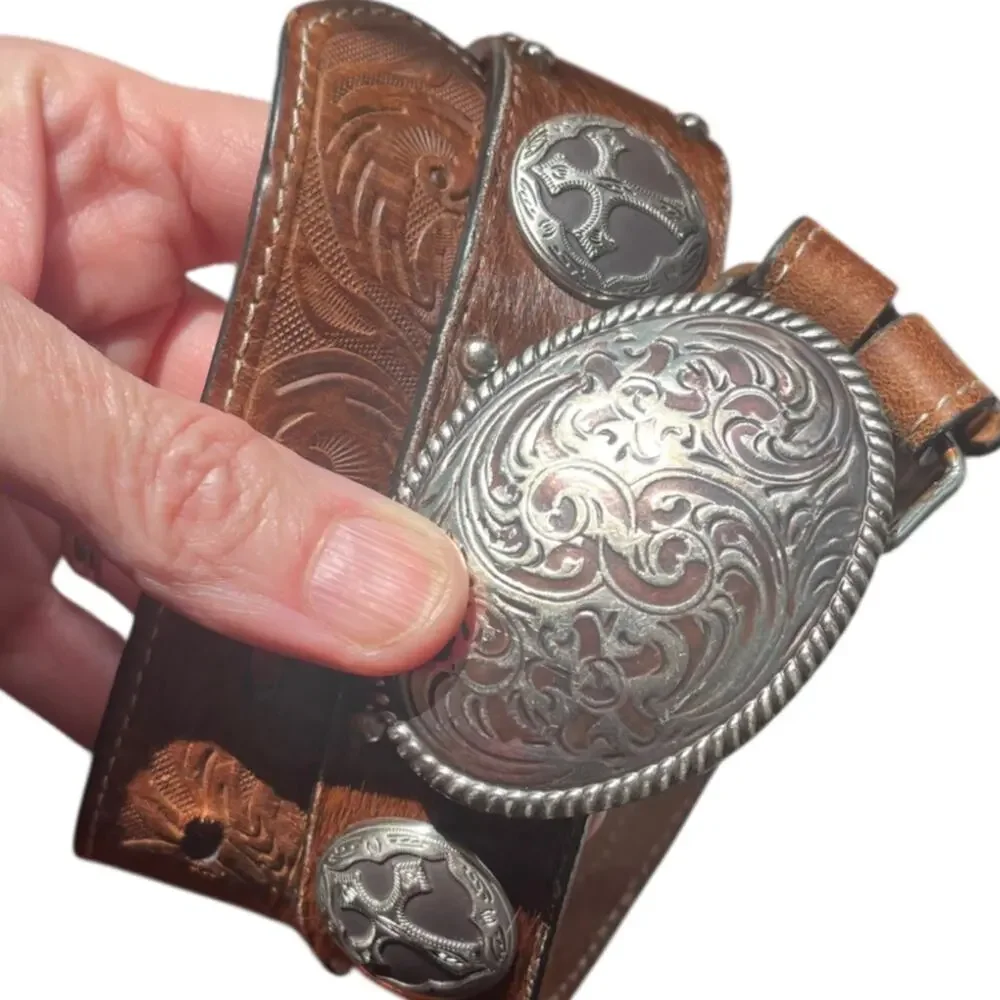 3D Kids Tooled Leather Western Belt 20” Brown Conchos Engraved Buckle Cowboy